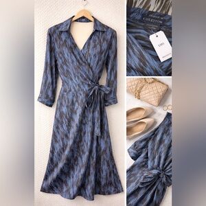 NWT Doncaster Silk Wrap Dress Blue Black Print Size 6 100% Silk 3/4 Sleeve